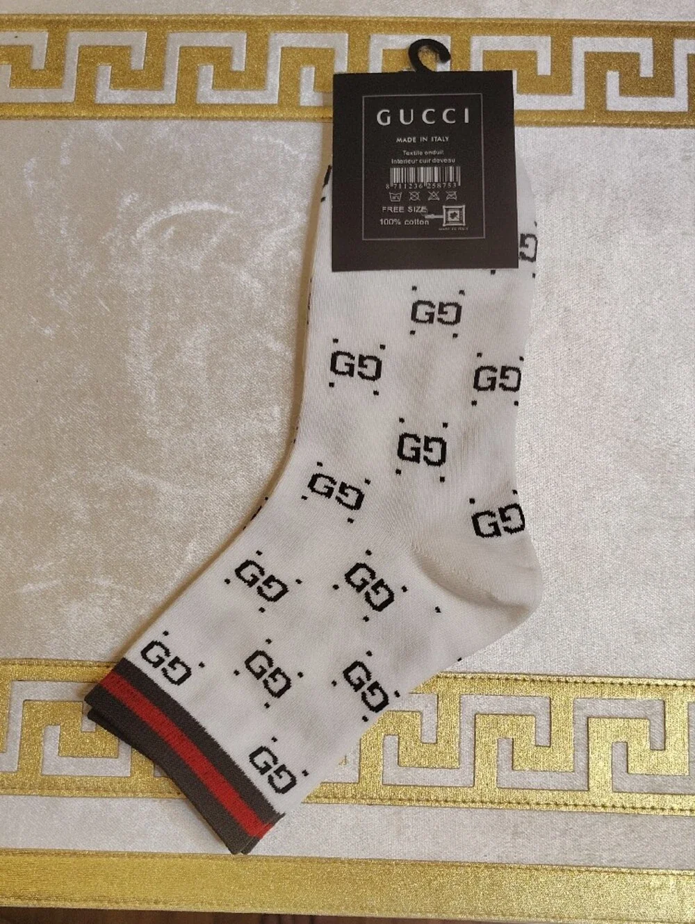 Gucci White Crew Socks with Black GG Motif and Red-Green Stripe